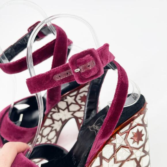 Christian Louboutin Burgundy Velvet Superyaz 160 Pearl Platform Sandal EU 37 - Picture 9 of 12
